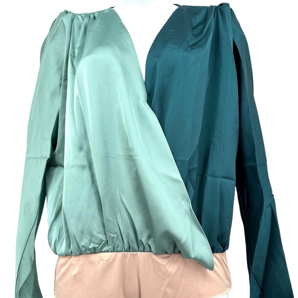 Strut & Bolt Women’s M Jade and Dark Teal Faux Wrap BodySuit Blouse NWT Long Slv - Picture 3 of 14